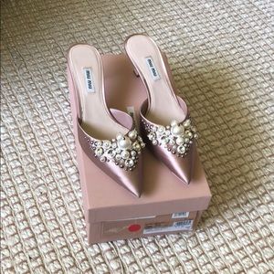 Miu Miu Blush Nude Satin Mules